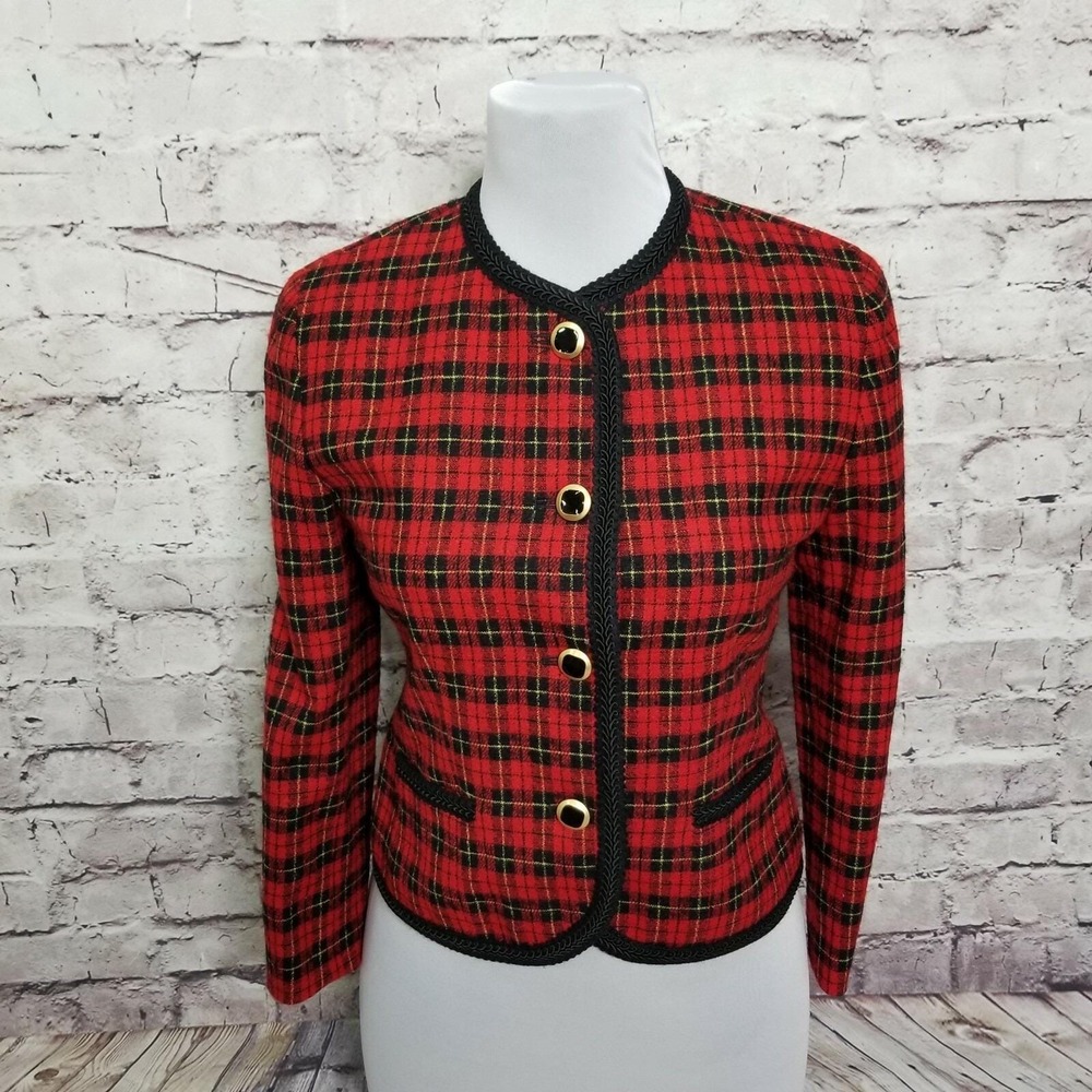 Vintage Pendleton Womens 8 Wool Red Black Plaid Button‎ Front Crop Blazer Jacket